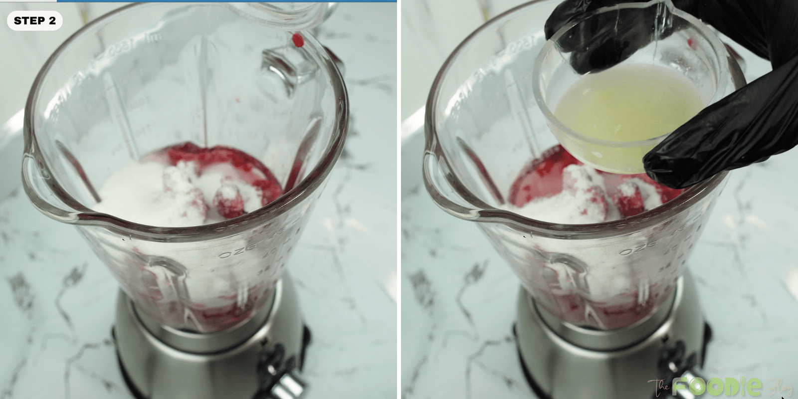 Sugar and lemon juice being added to raspberries in a blender jar