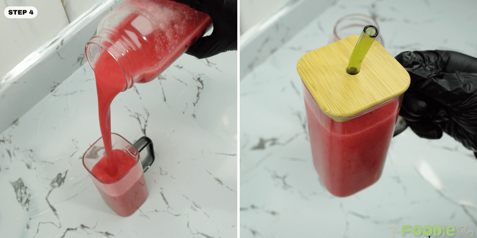 Raspberry juice being poured into a glass and a filled bottle of juice with a straw lid