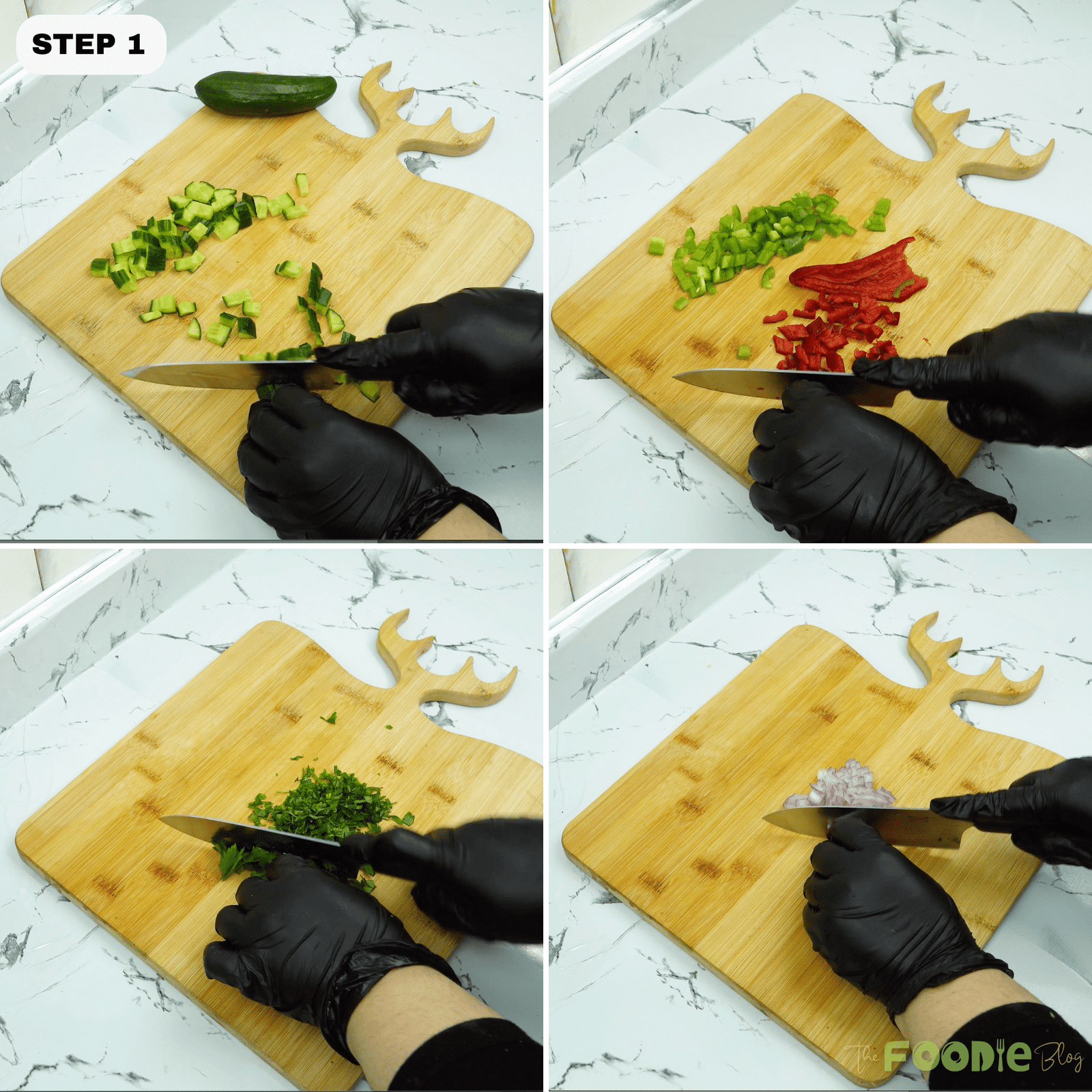 Chopping cucumbers, peppers, parsley, and onion on a cutting board for bean salad