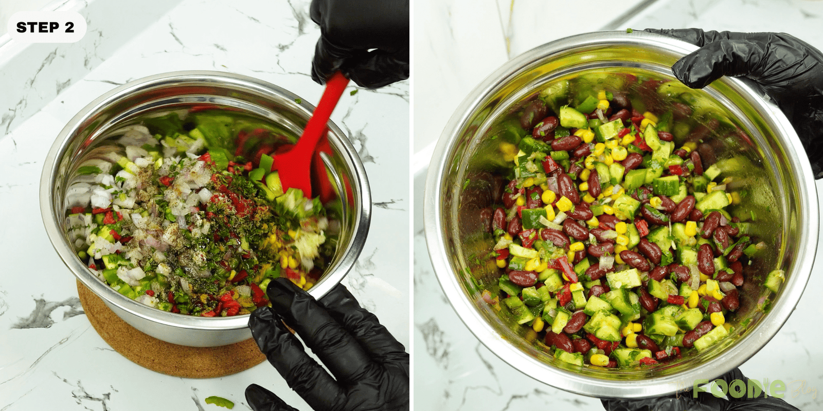 Mixing red beans, corn, cucumbers, and seasonings in a stainless mixing bowl