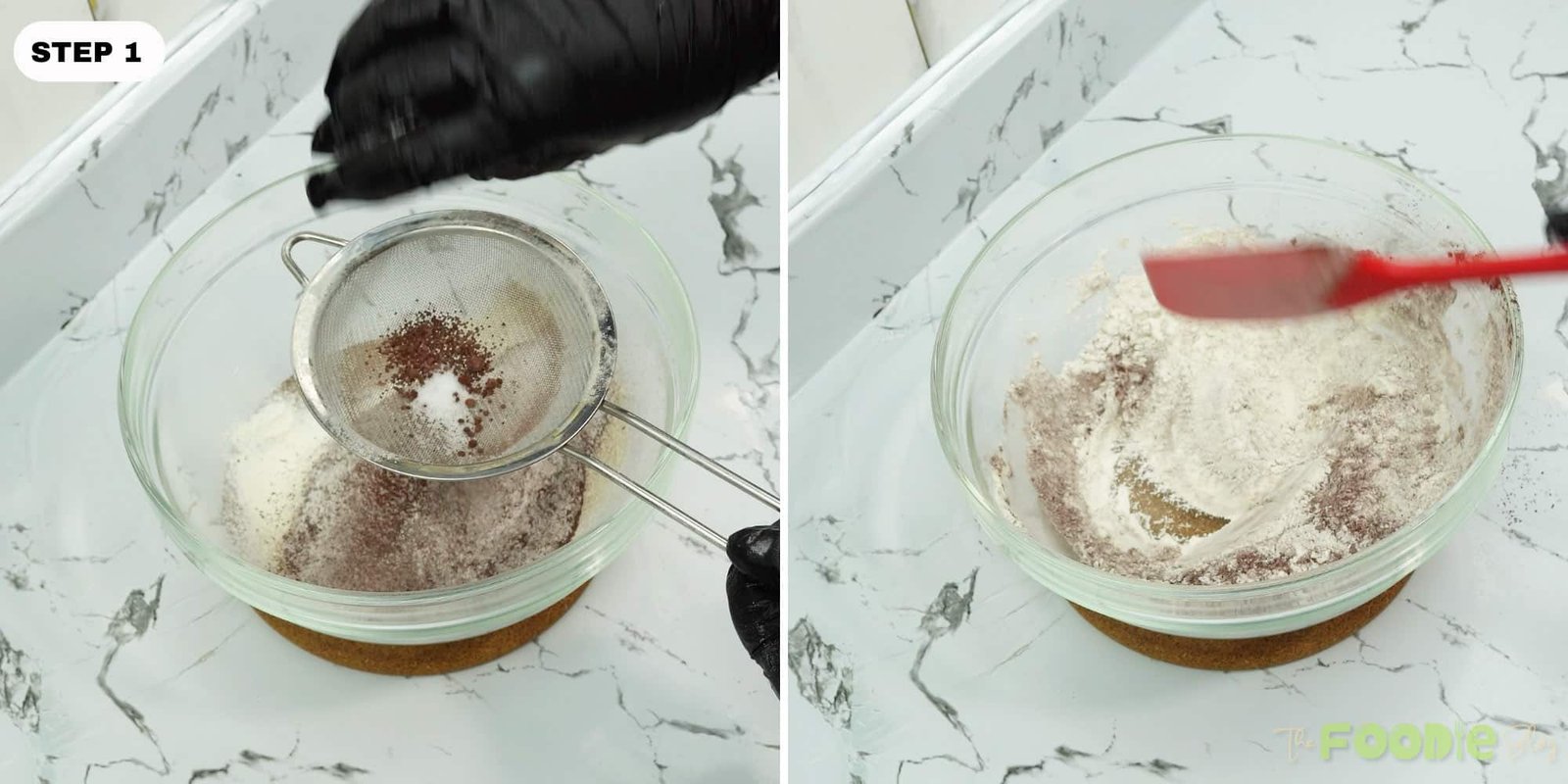 Sifting flour, cocoa powder, baking powder, and salt into a mixing bowl for cupcake batter