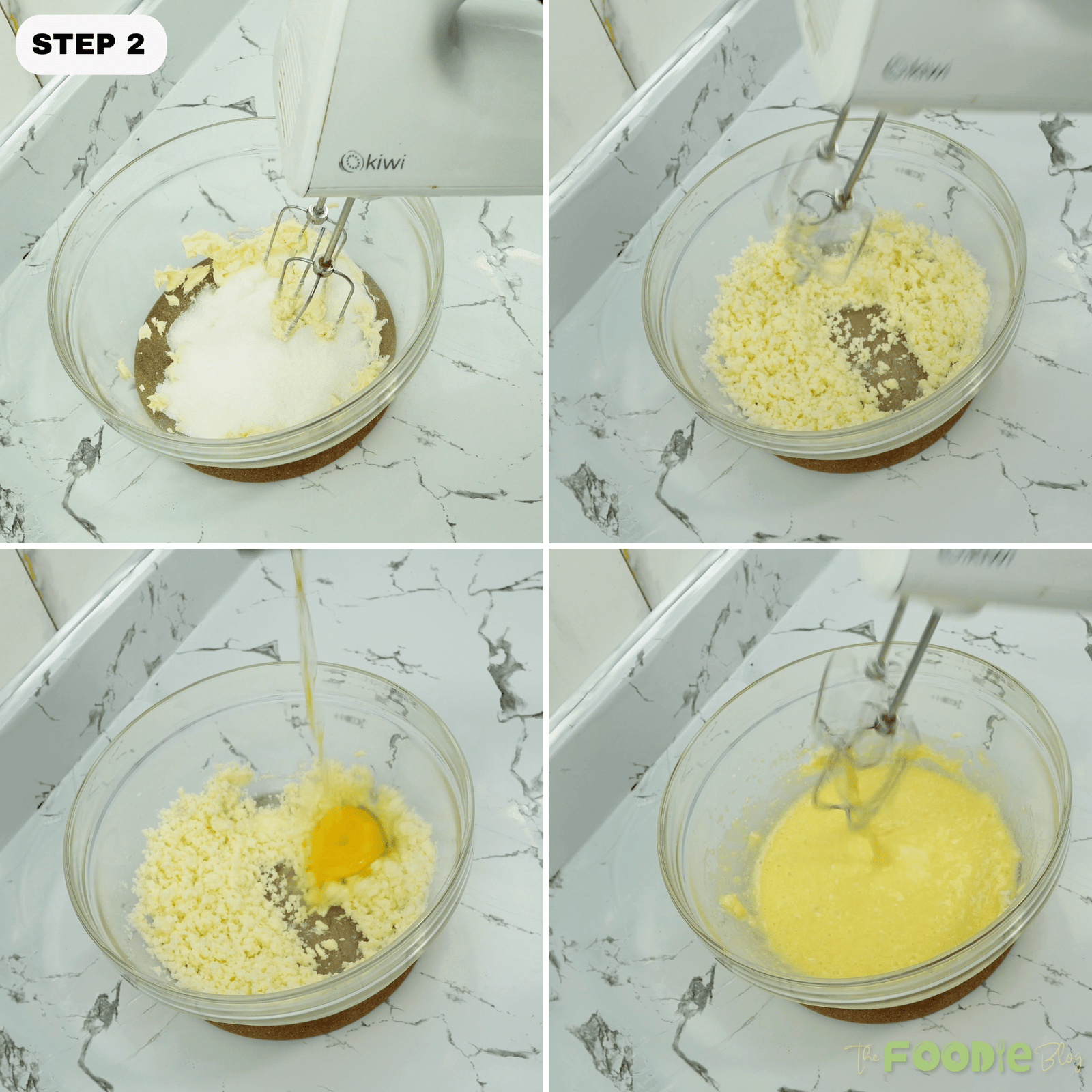 Mixing butter and sugar with a hand mixer, then adding eggs to the bowl