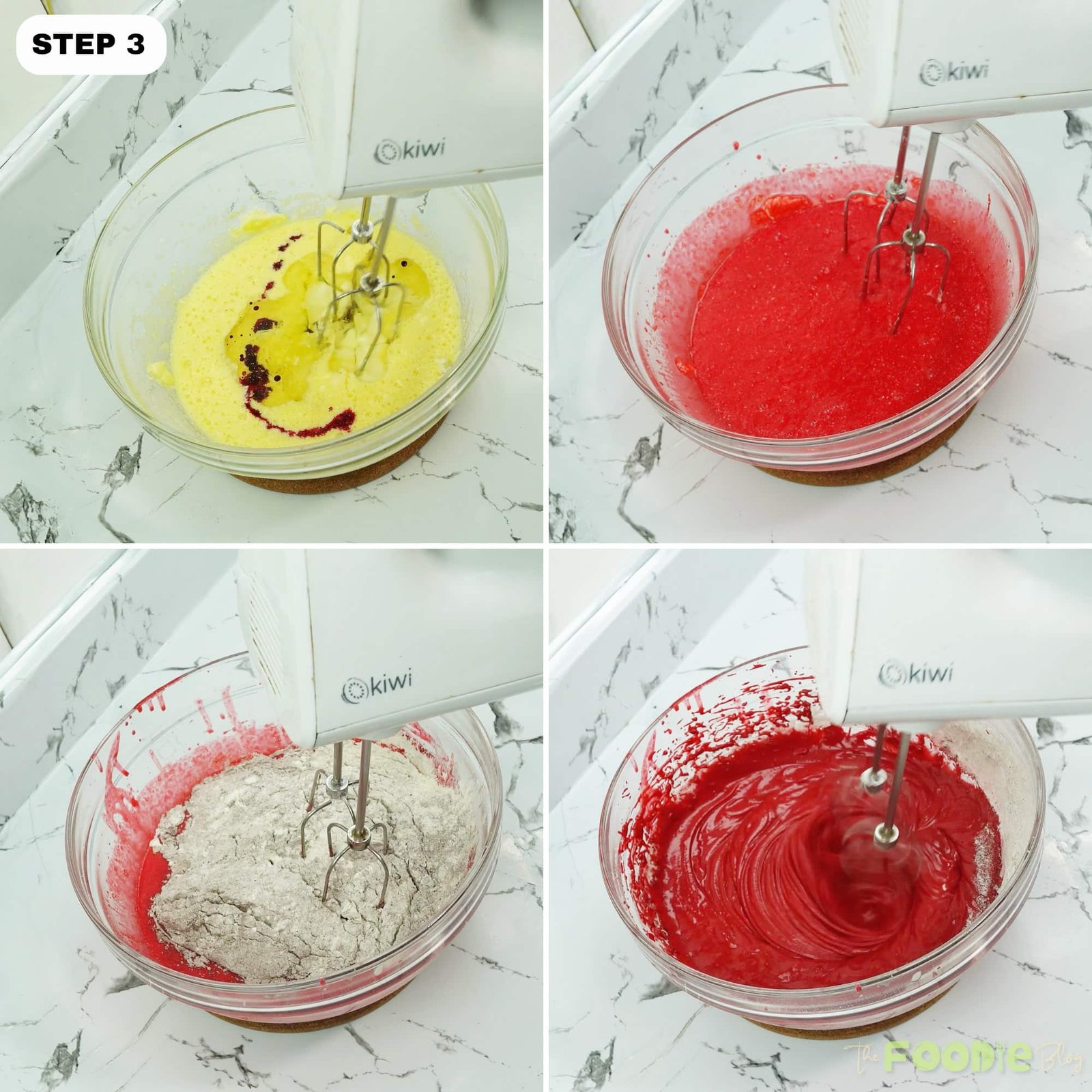 Red food coloring added to wet ingredients, then dry ingredients mixed into red velvet batter