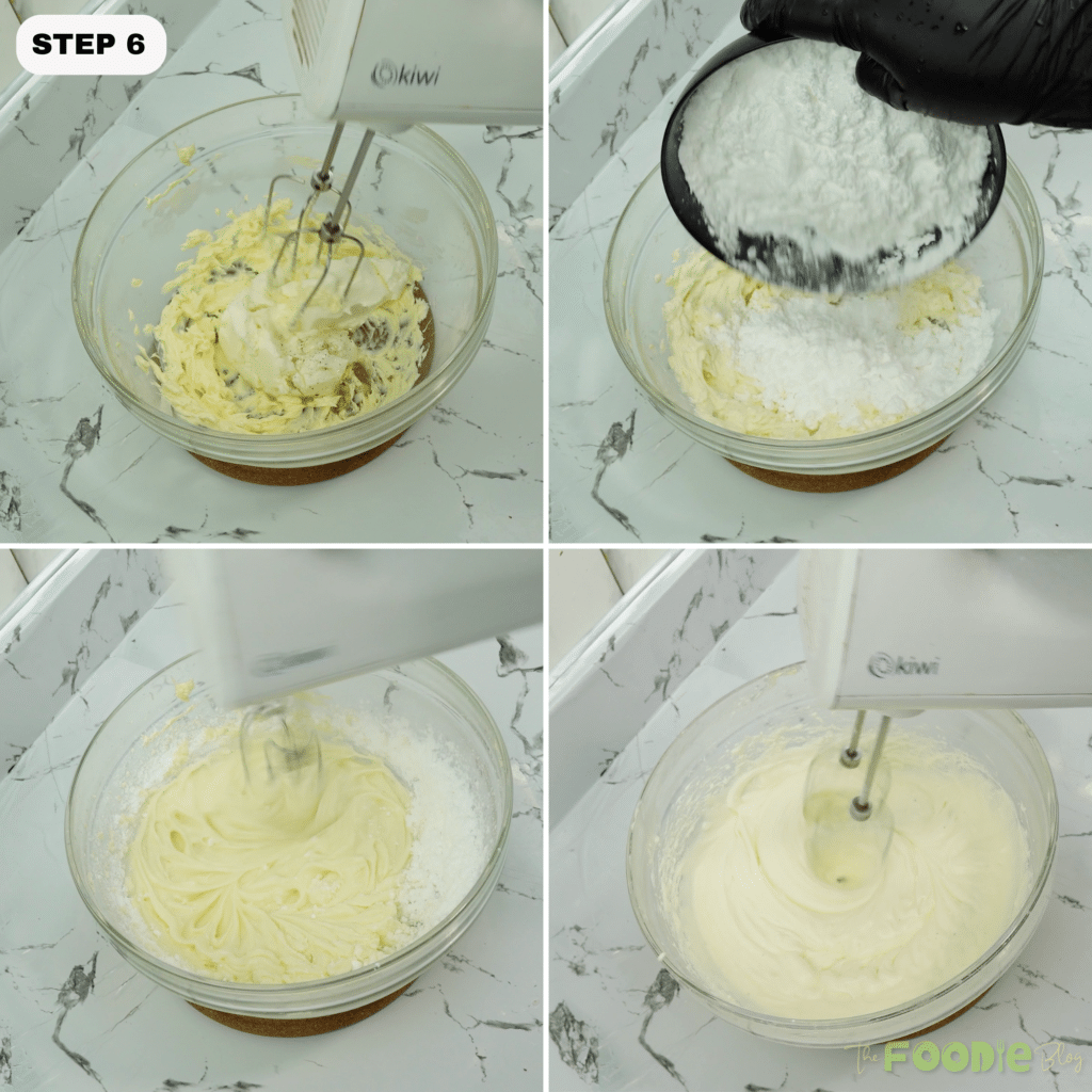 Beating butter and cream cheese and adding powdered sugar to make frosting