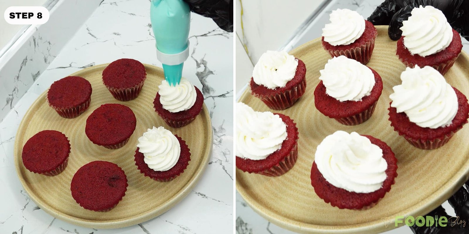 Piping cream cheese frosting onto red velvet cupcakes on a plate