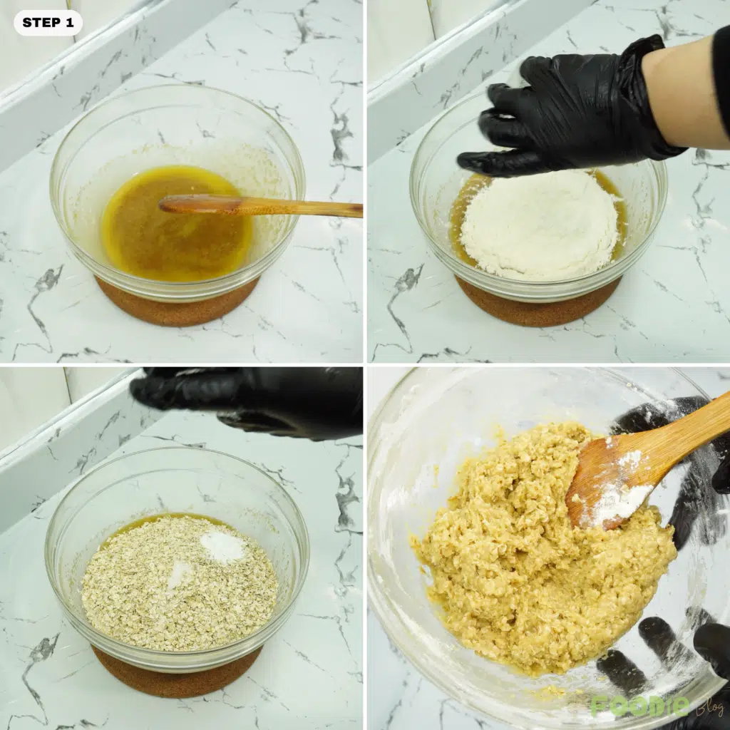 Melted butter and sugar being mixed, then dry ingredients added to form a crumbly oat dough