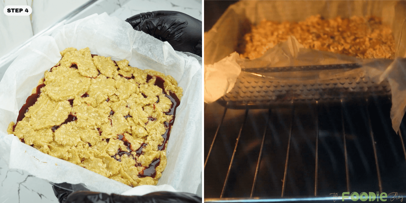 Unbaked bars in the pan and the pan placed into an oven to bake