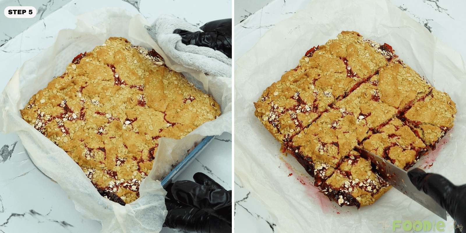 Baked raspberry oat bars cooling in the pan and being sliced into squares