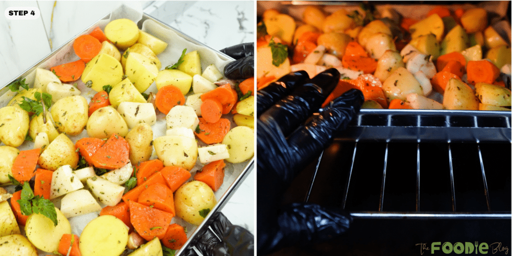 seasoned vegetables spread on a parchment-lined sheet pan ready for roasting