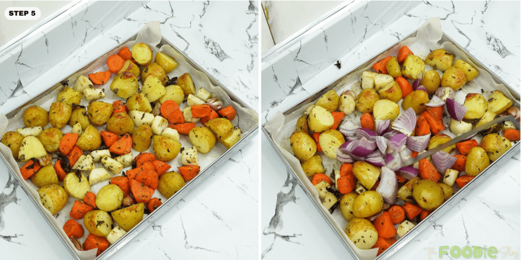 roasted vegetables on a sheet pan with red onion being added and stirred