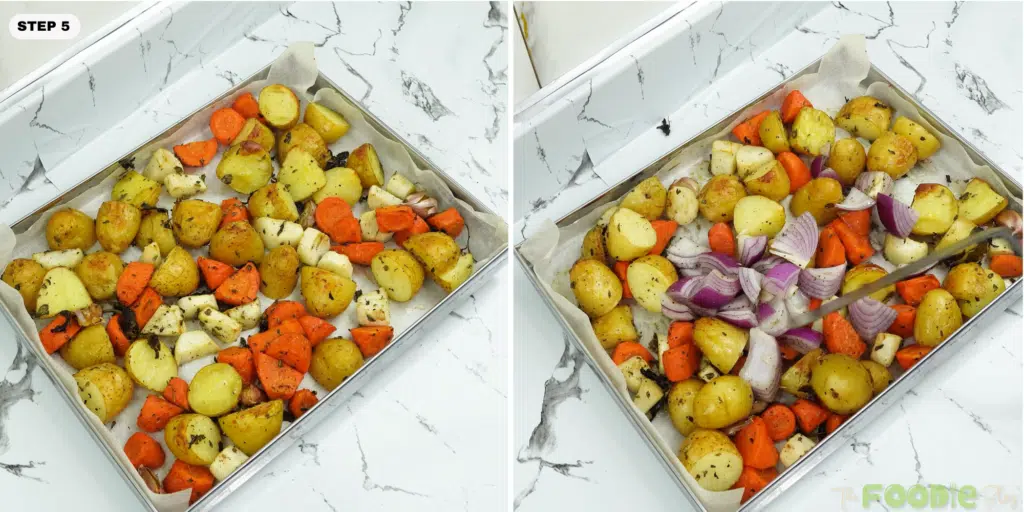 roasted vegetables on a sheet pan with red onion being added and stirred