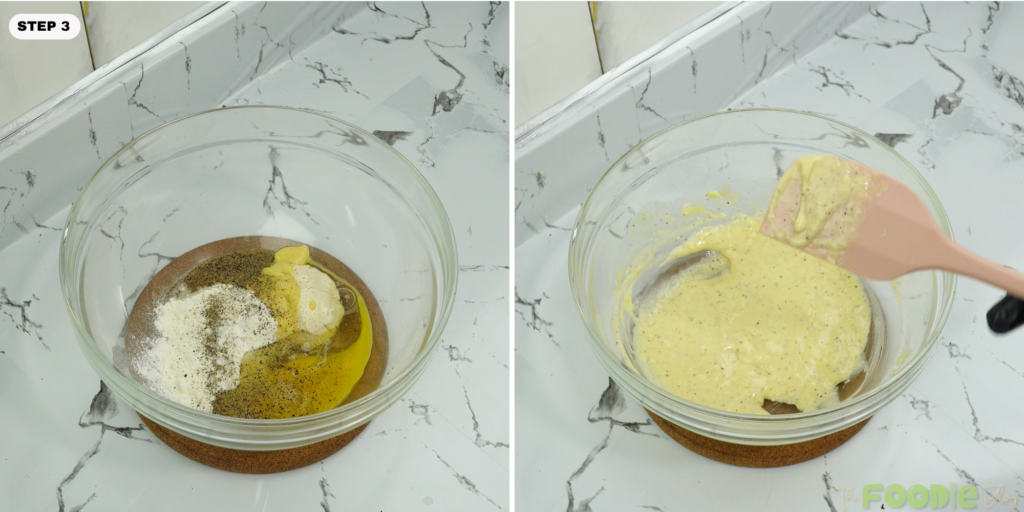 Egg, mayo, Dijon mustard, flour, salt, and pepper mixed in a bowl