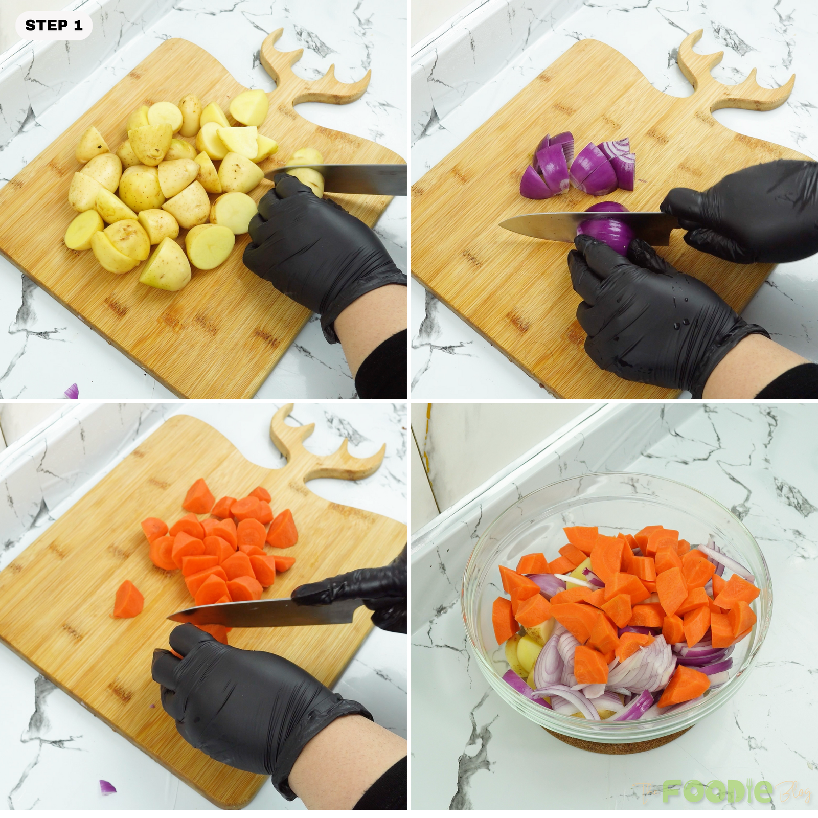 Cutting baby potatoes, red onion, and carrots on a wooden board for the recipe Caption: Prep the potatoes, onion, and carrots.