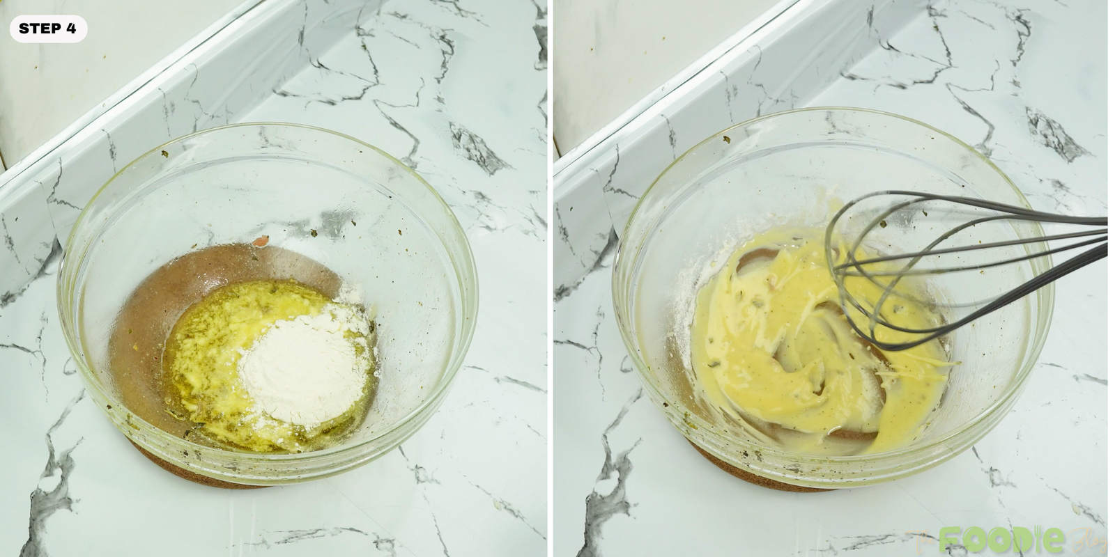 Melted butter and flour in a glass bowl being whisked into a smooth paste