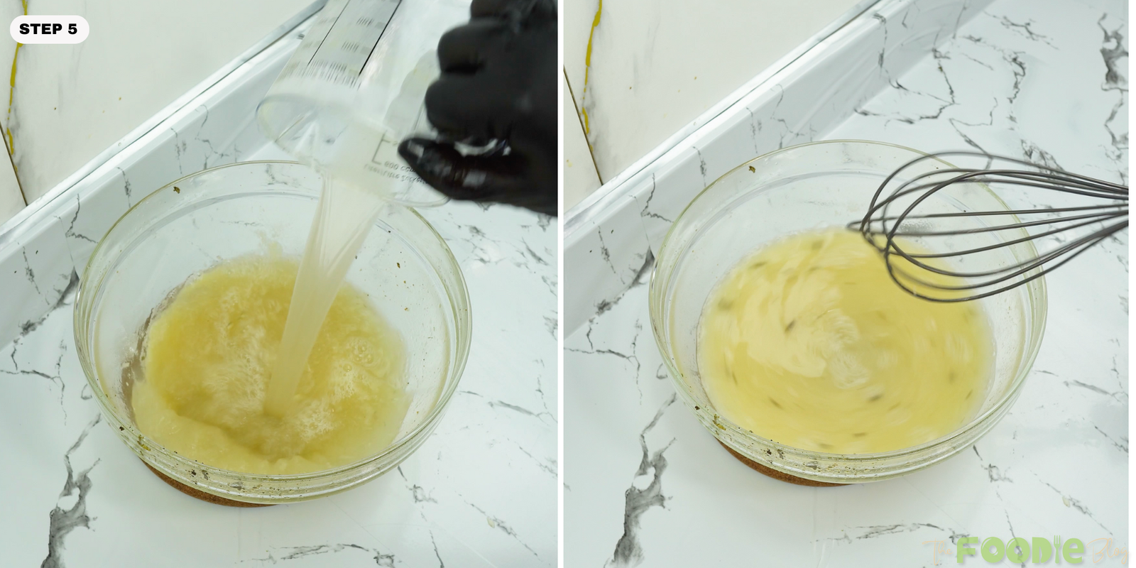 Beef broth being poured into a bowl while whisking to make a smooth sauce