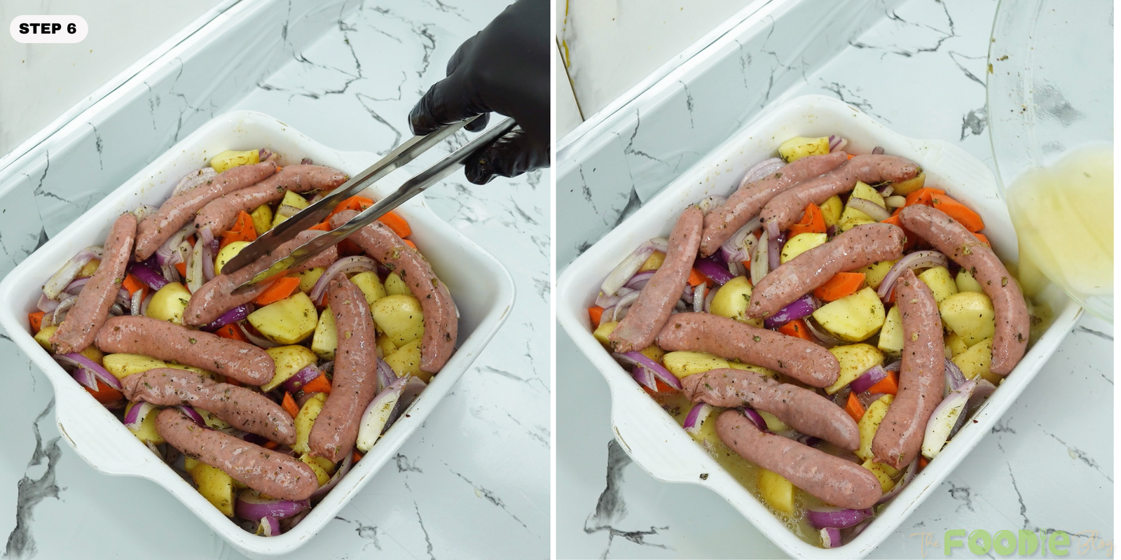 Sausages and vegetables arranged in a white baking dish with sauce being poured over