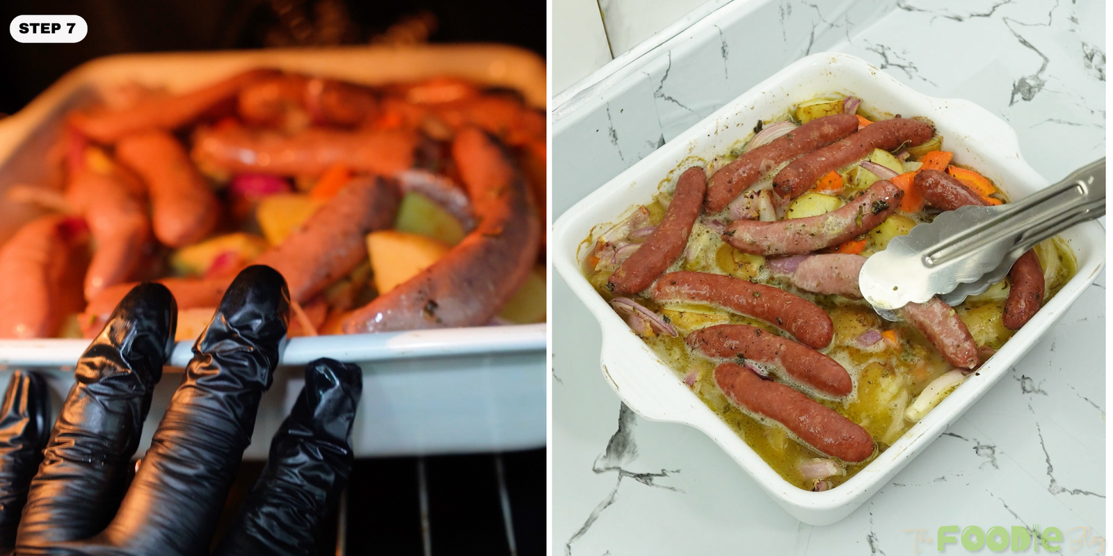 Sausages being turned with tongs in a baking dish while cooking in the oven