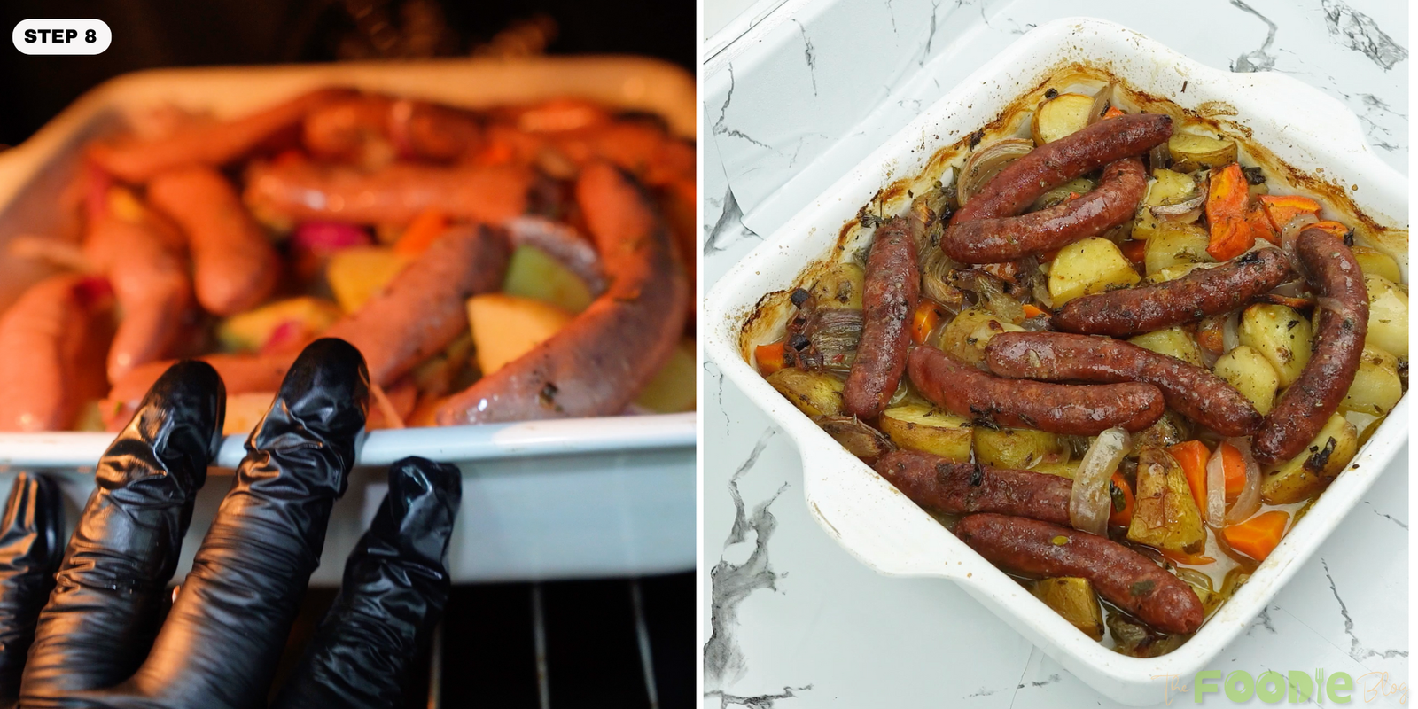 Golden roasted potatoes, carrots, onions, and browned sausages in a white baking dish