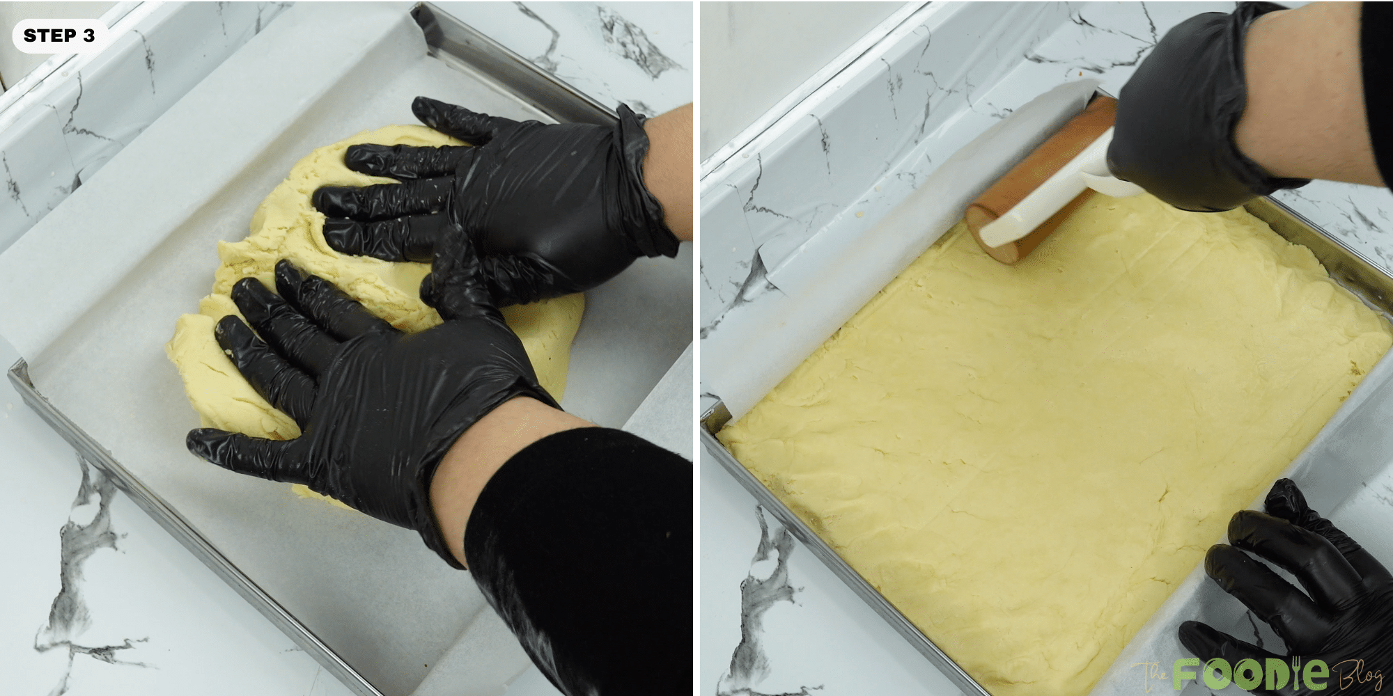 Shortbread dough pressed evenly into a parchment-lined baking pan