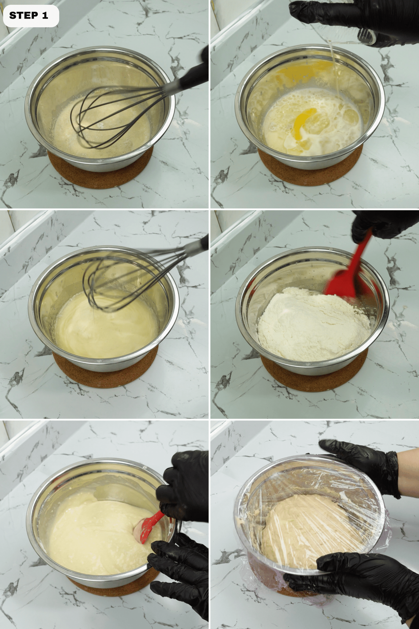 Warm milk mixture being whisked in a bowl to start the dough