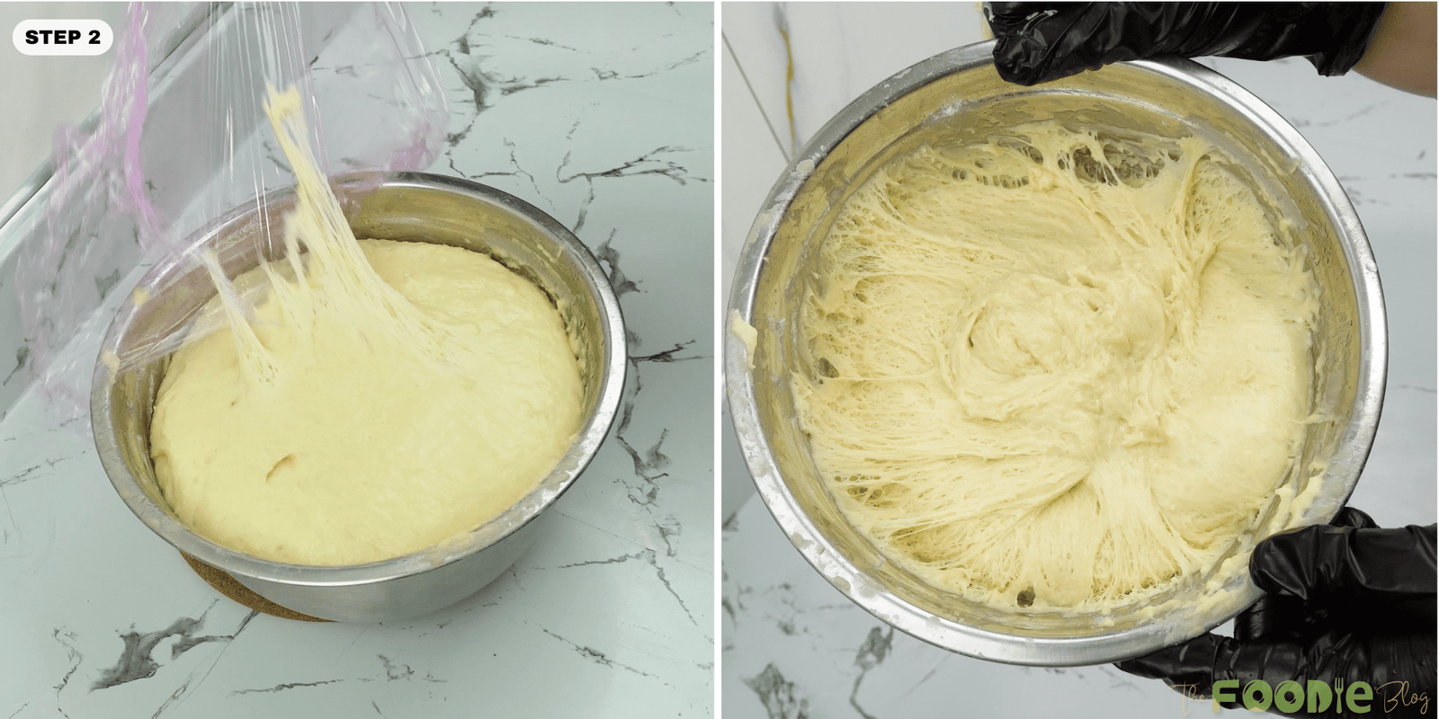 Soft risen dough stretched to show an airy, elastic texture