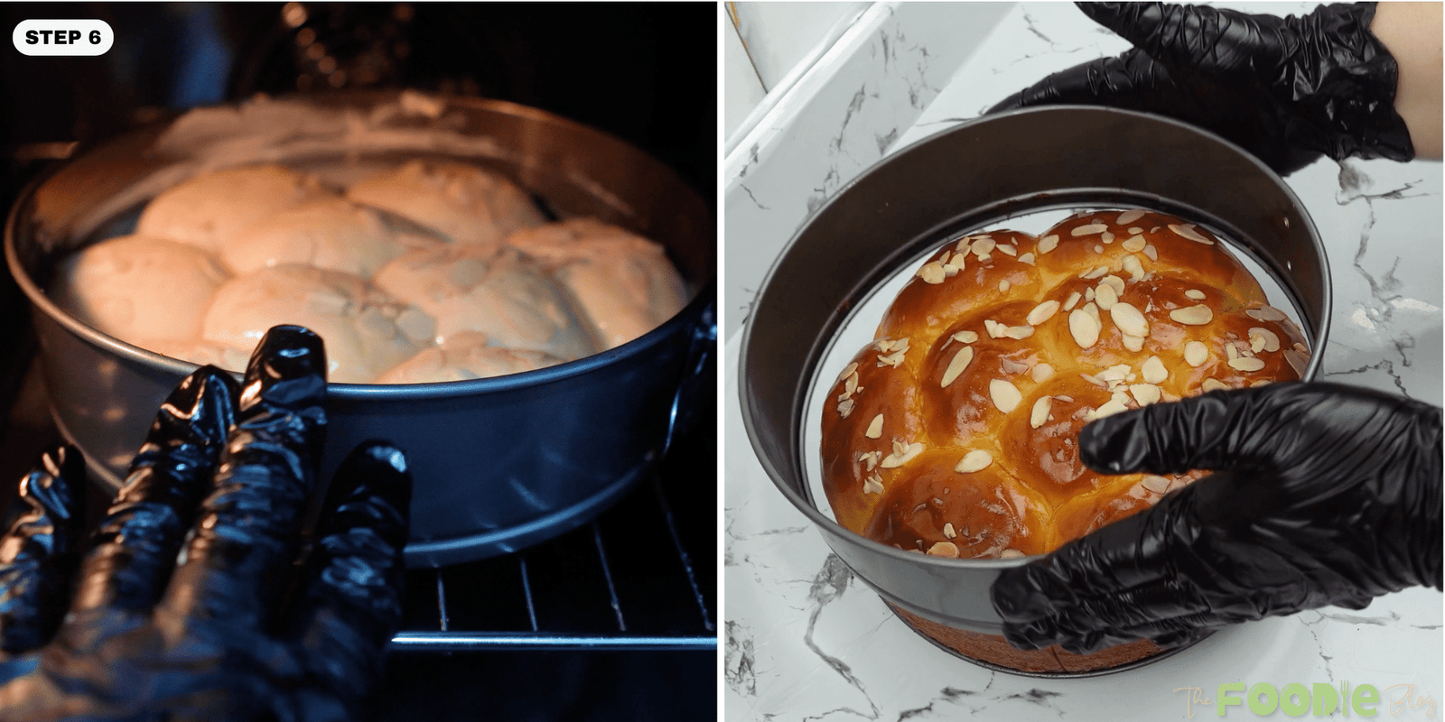 Brioche loaf baking in the oven and turning golden brown