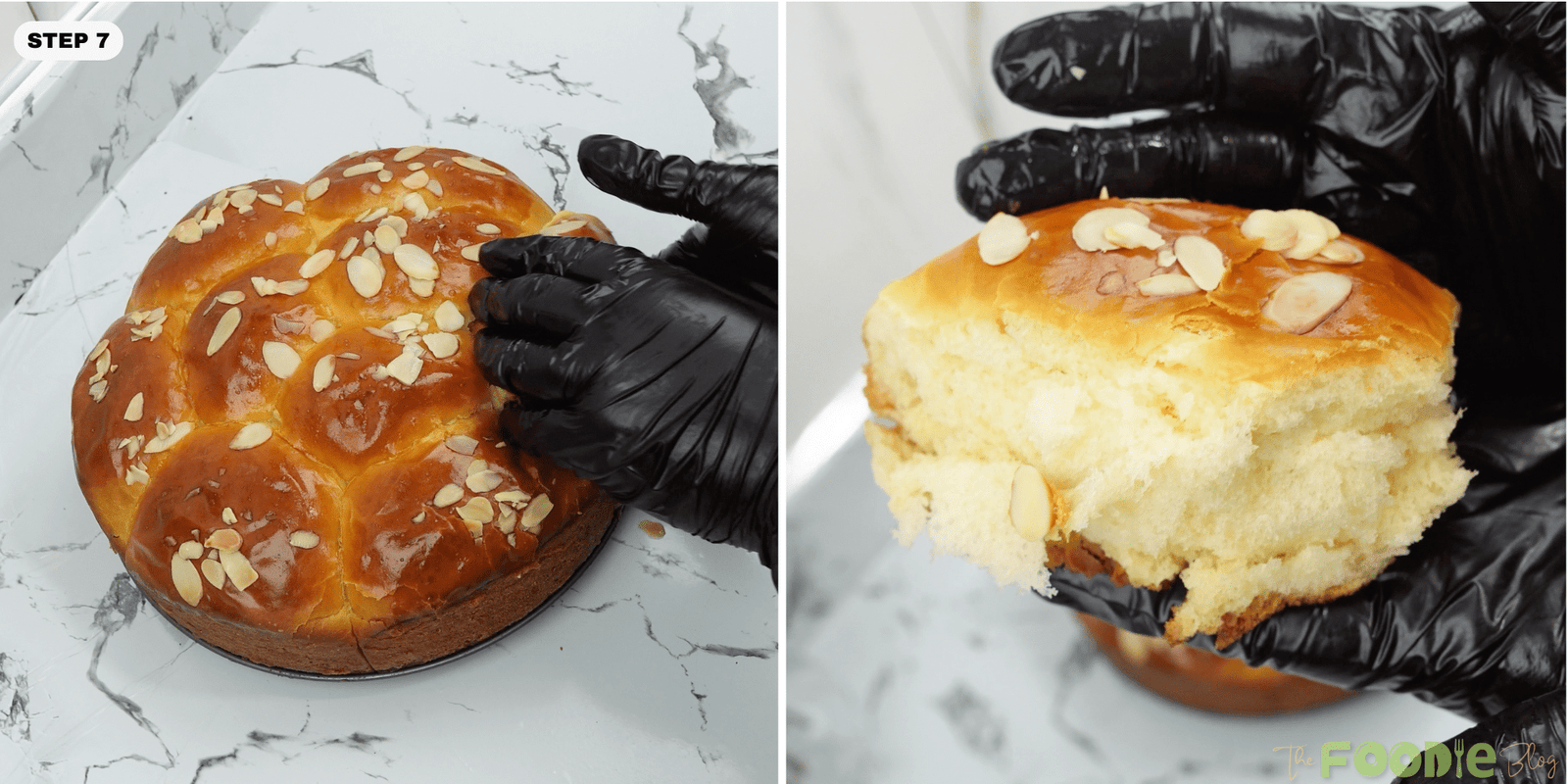 Hands pulling apart brioche with a fluffy, tender interior