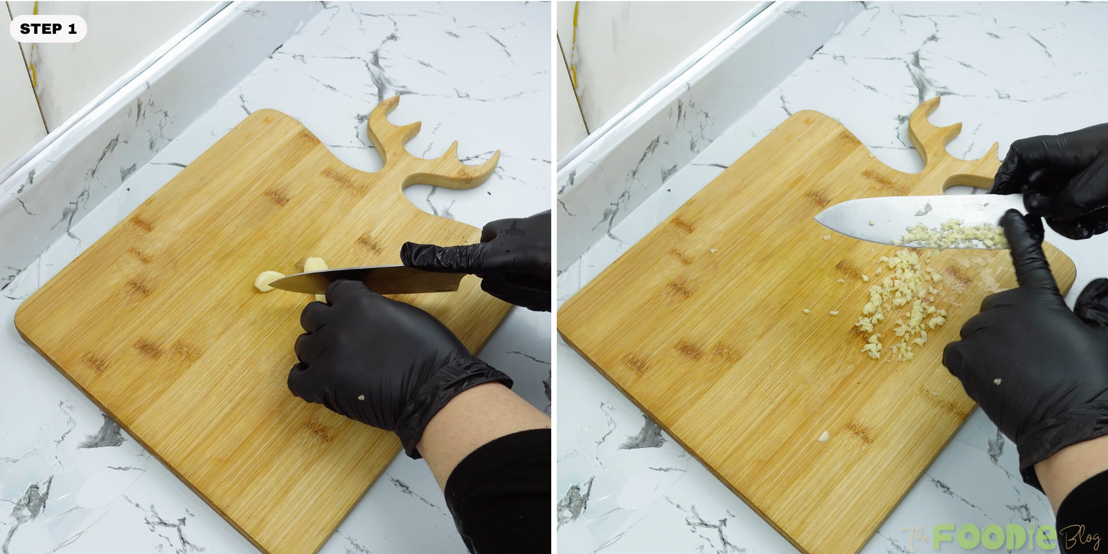 Hands mincing garlic on a wooden cutting board