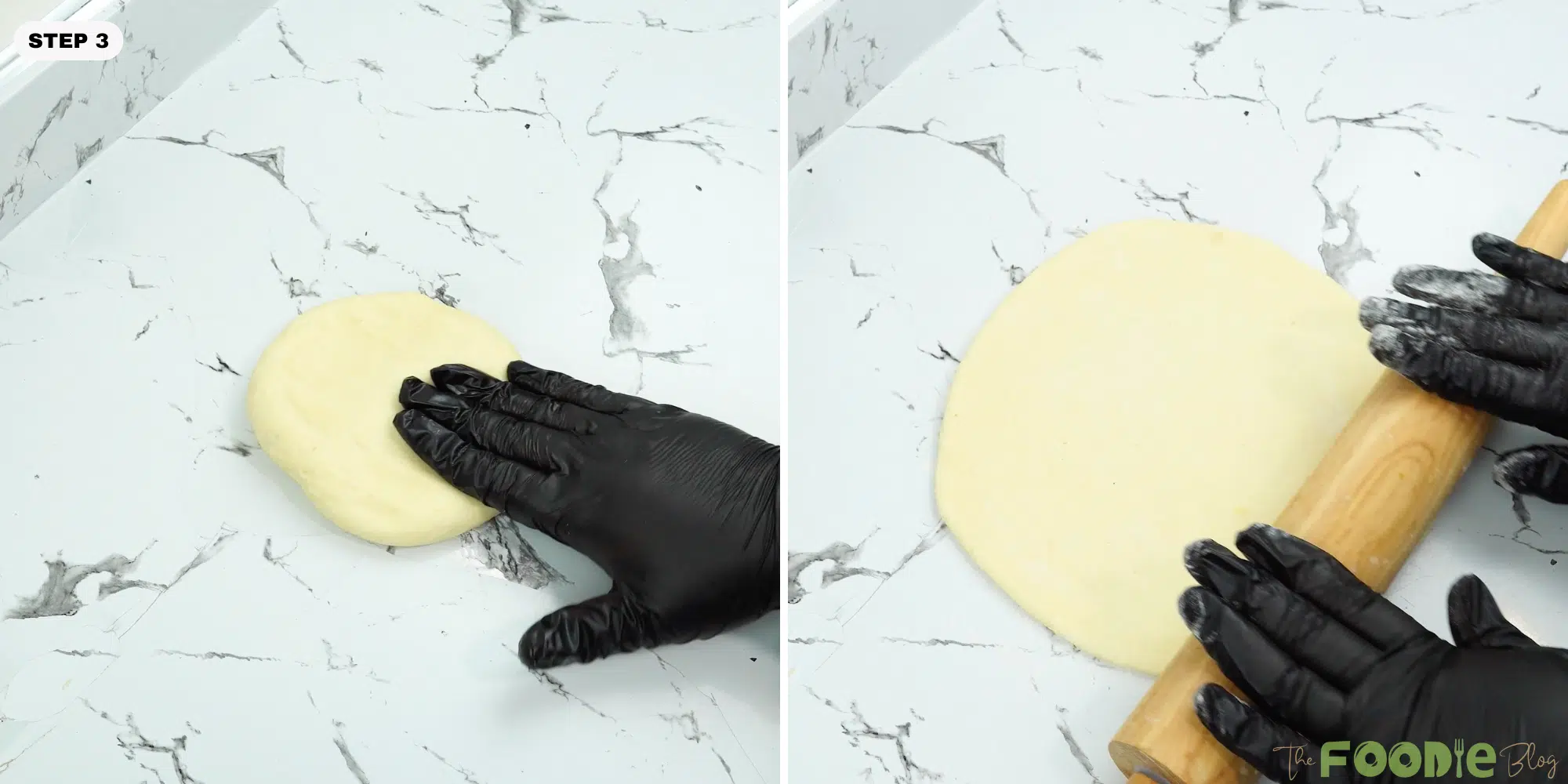 Dough being pressed and rolled into a flat round on a counter