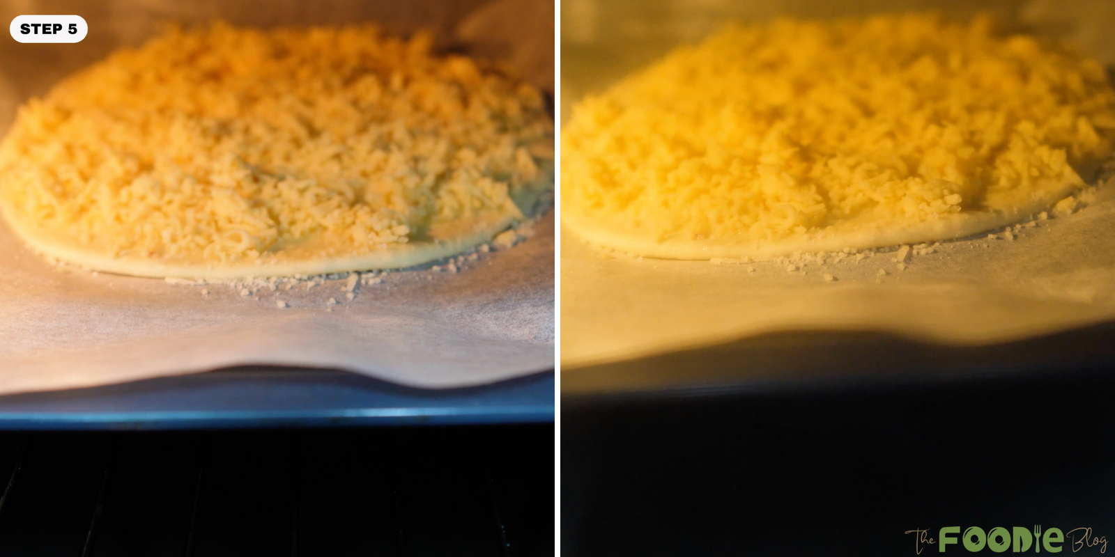 Cheese-topped dough baking in the oven, melting and turning bubbly