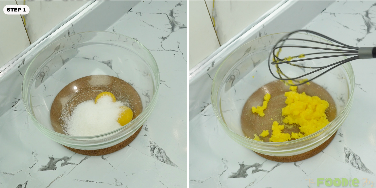 Egg yolks and sugar in a bowl before and after whisking