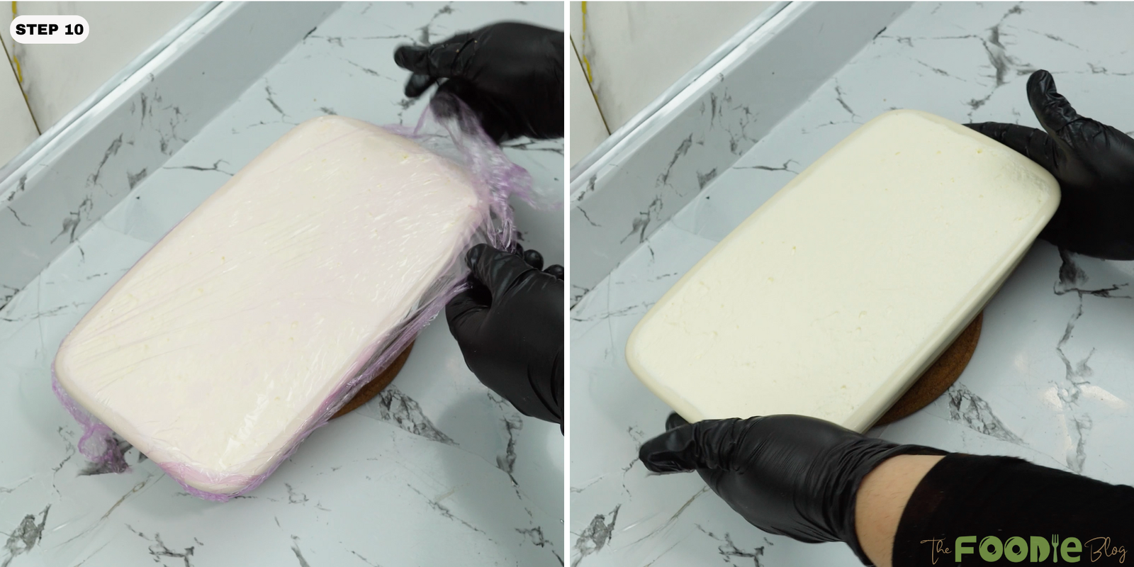 Plastic wrap being removed from the chilled tiramisu dish.