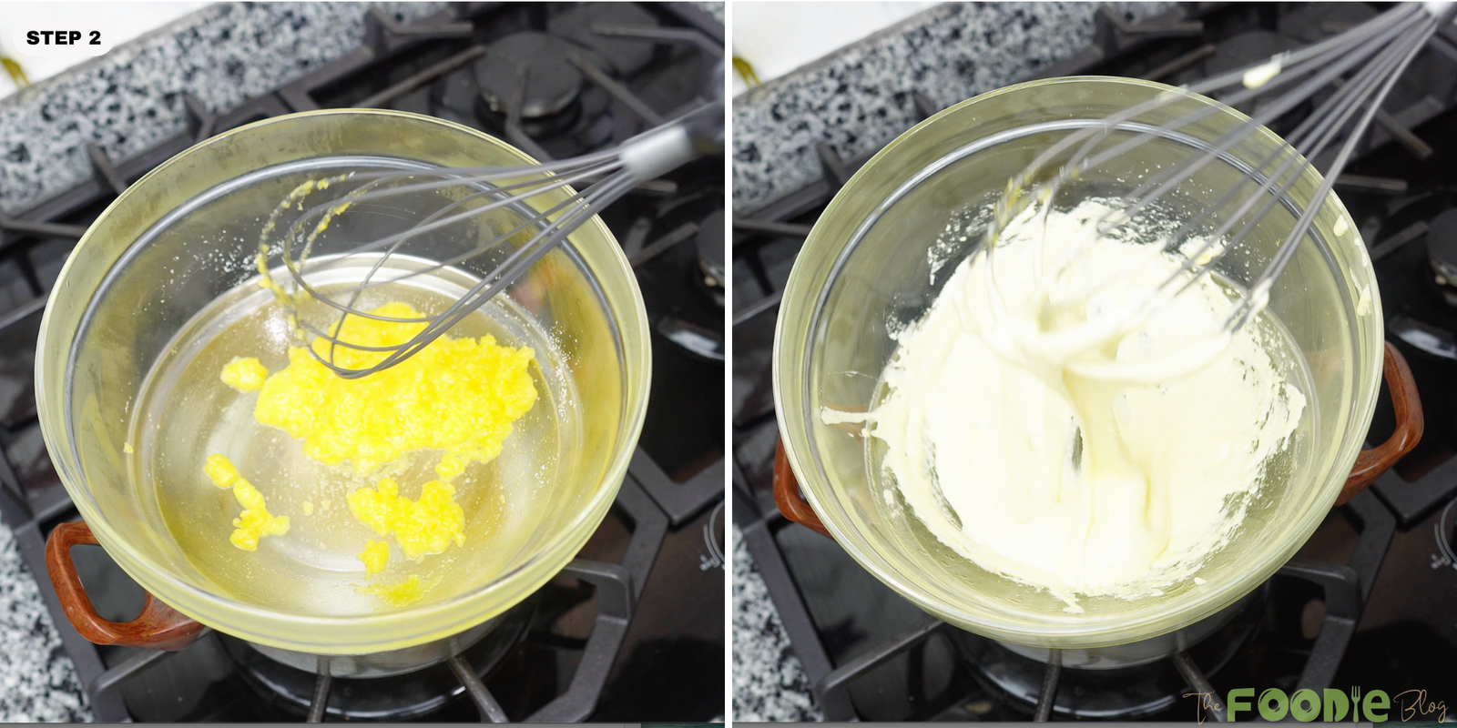 Yolk and sugar mixture warmed over simmering water until pale and thicker