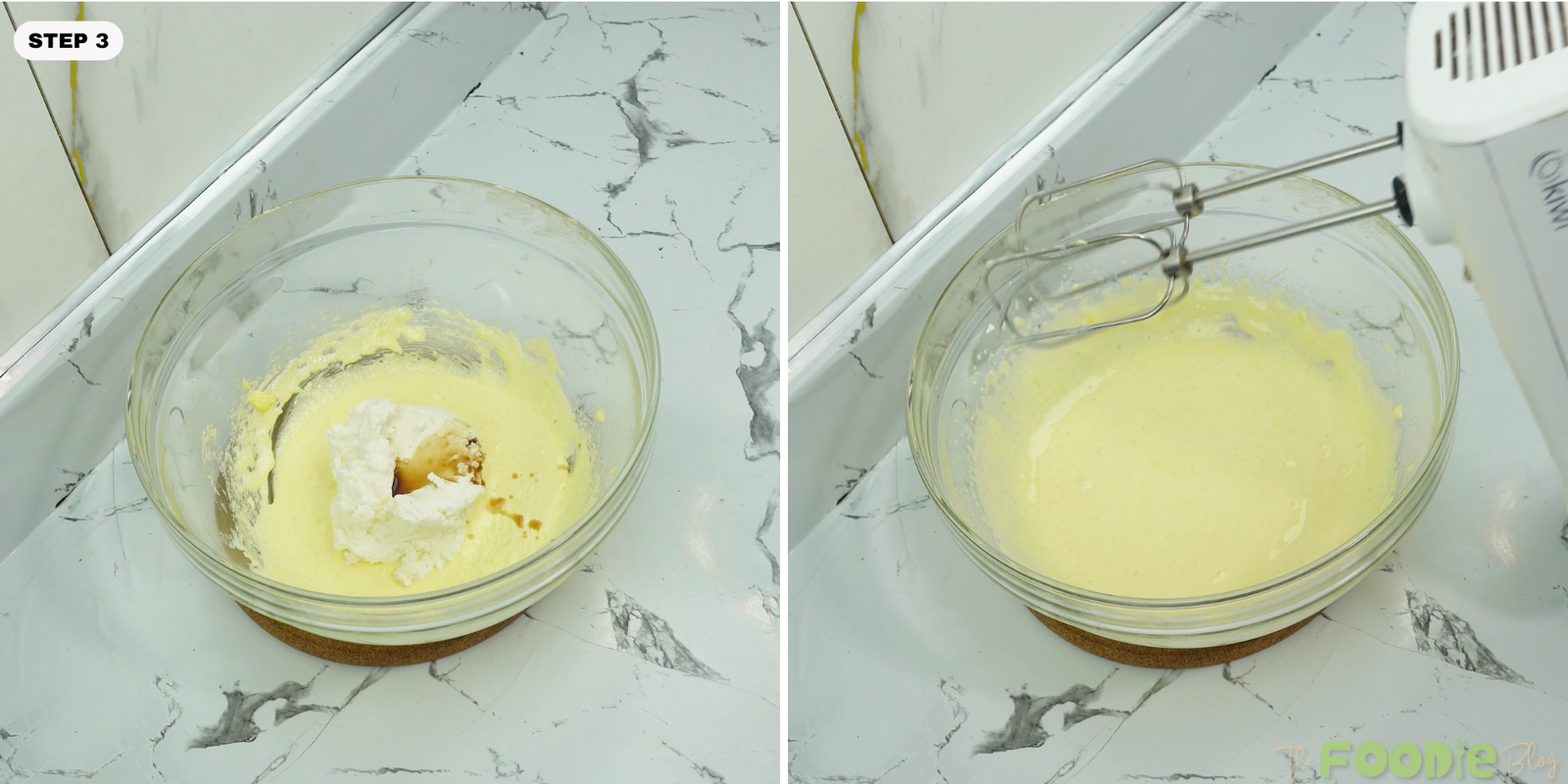 Cream cheese and vanilla added to the bowl, then beaten smooth