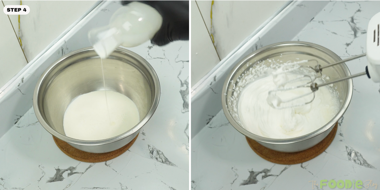 Whipping cream in a bowl being whipped until thick and fluffy