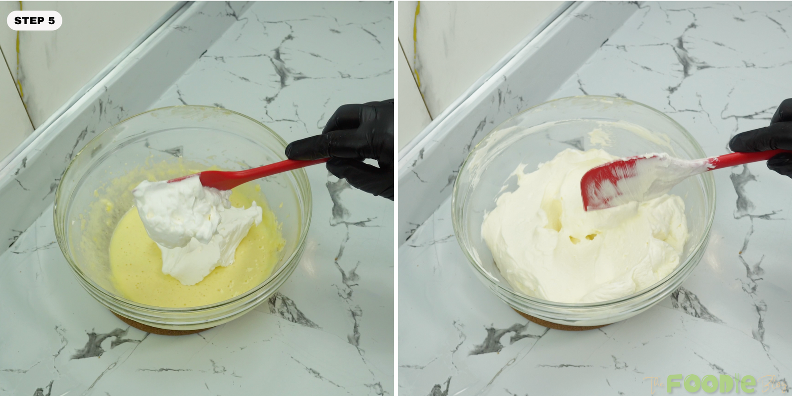 Whipped cream being folded into the cream cheese mixture with a spatula
