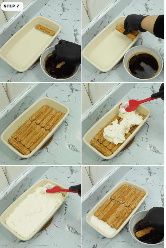 Ladyfingers dipped in coffee and layered in a dish with a layer of cream spread on top