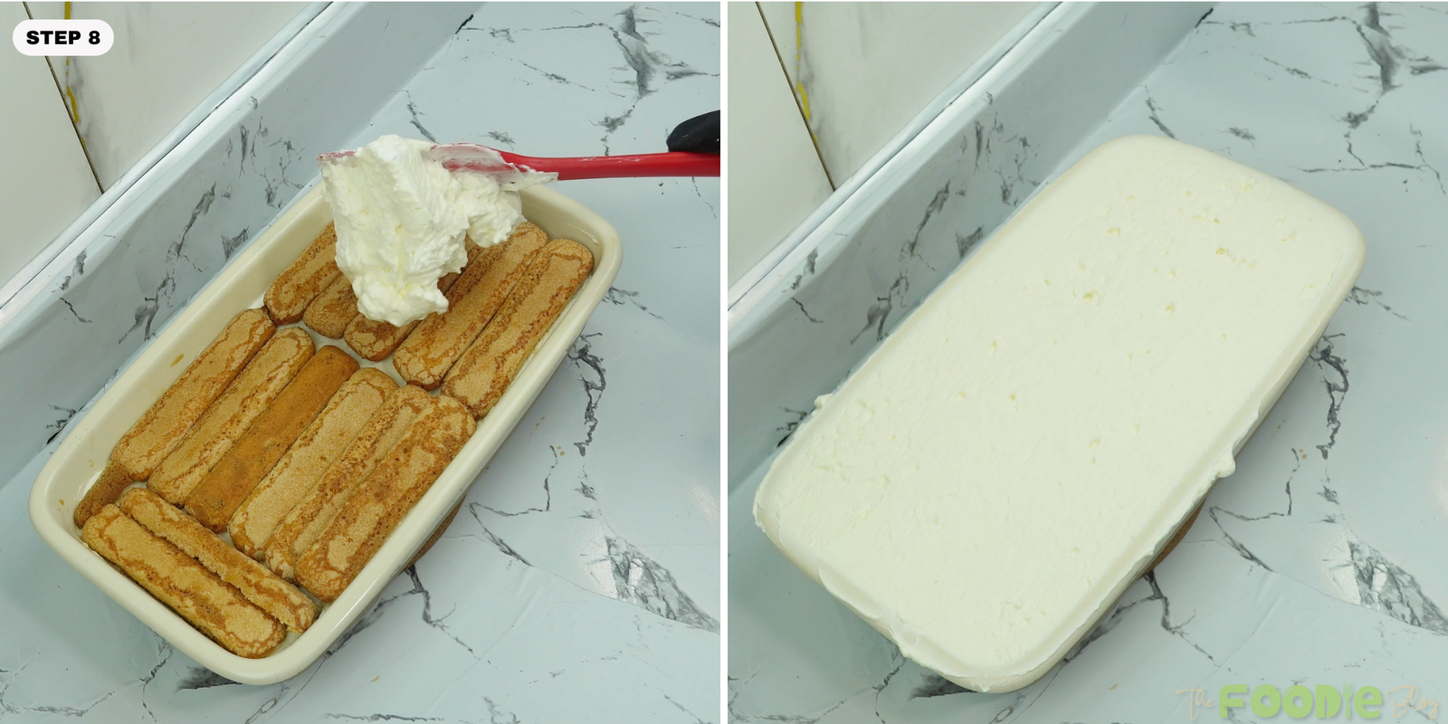 Final layer of tiramisu cream smoothed on top in the dish