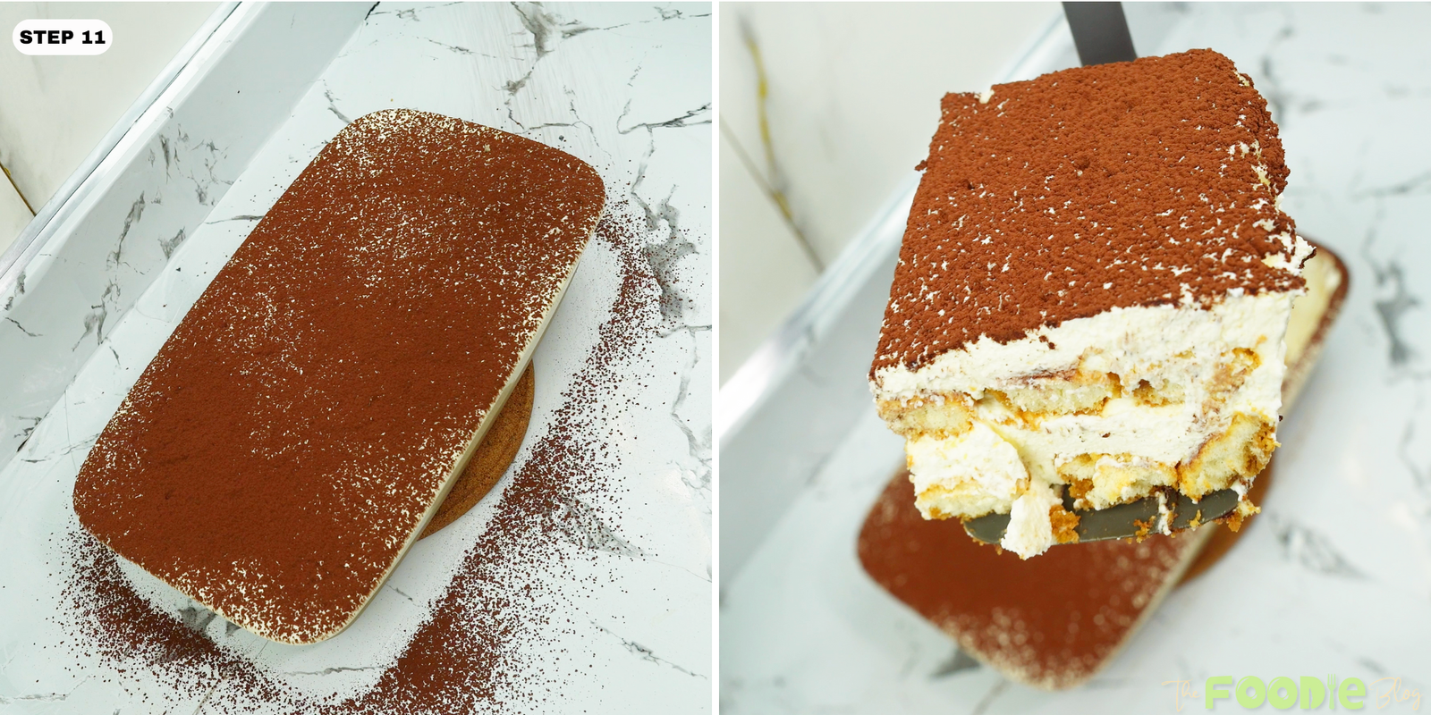 Tiramisu in a dish dusted with cocoa powder before serving