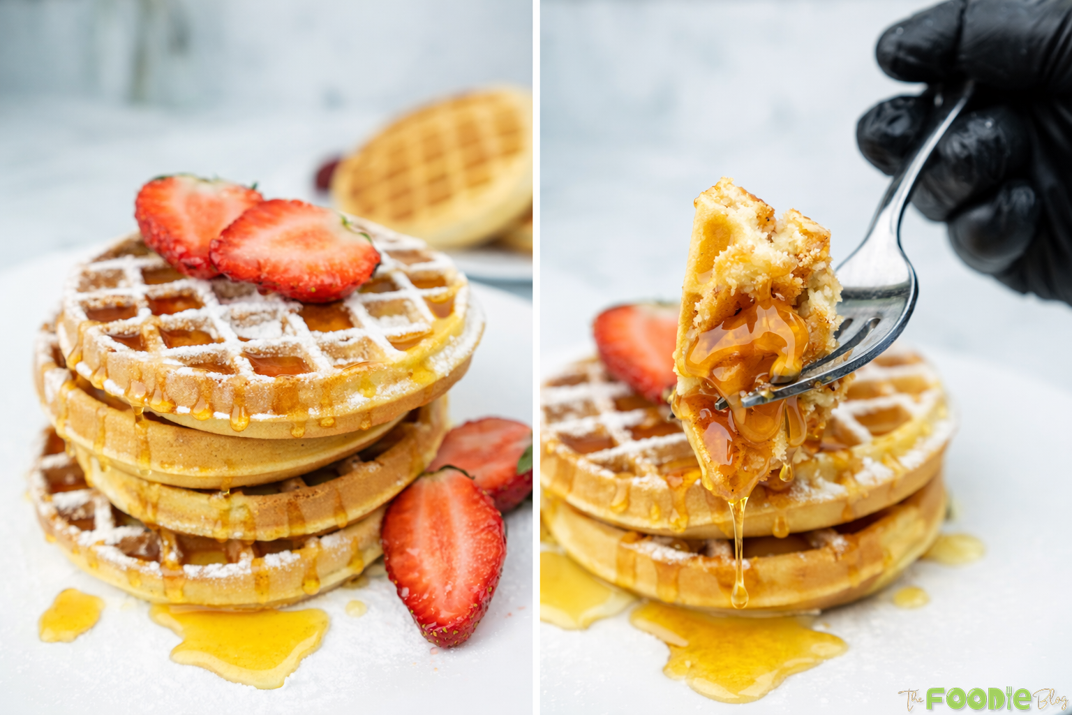 Collage of waffles topped with strawberries and syrup, with a fork lifting a syrupy bite