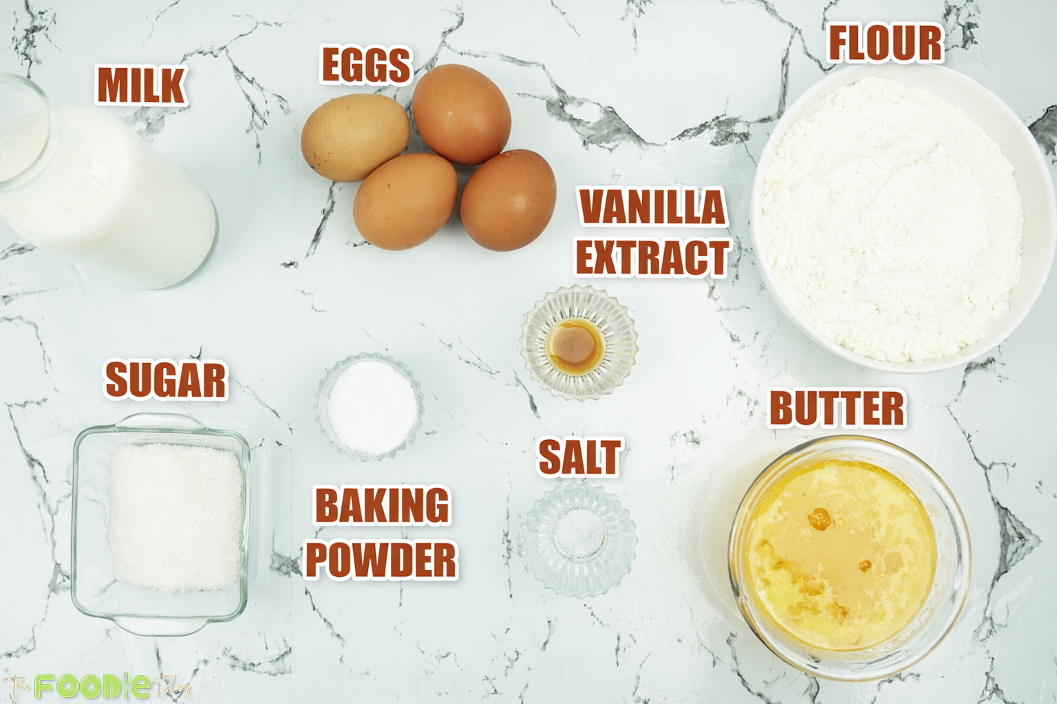 Labeled ingredients for waffles including flour, eggs, milk, sugar, butter, vanilla, baking powder, and salt