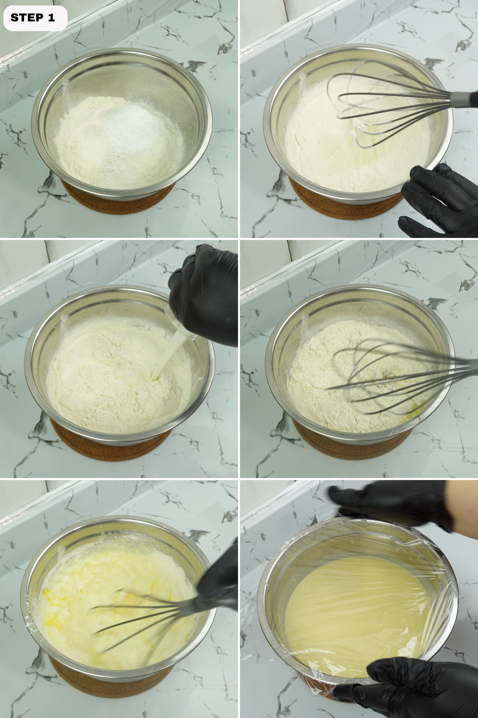 Flour mixture being whisked with milk and eggs in a metal bowl, then covered to rest