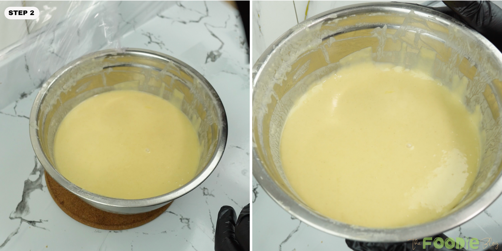 Bowl of pale, smooth waffle batter after mixing and resting