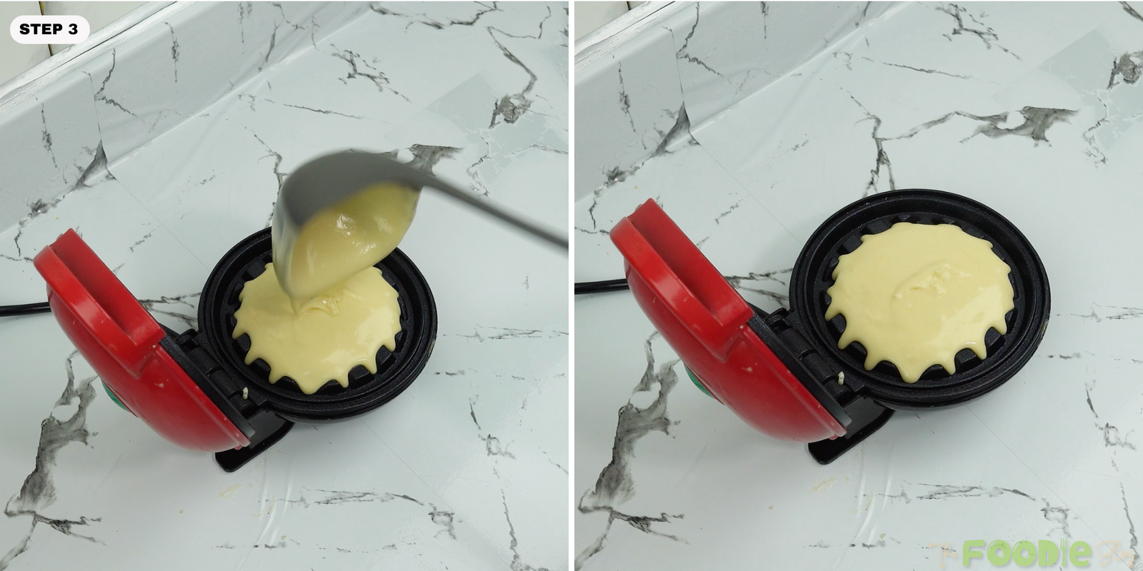 Spoonful of waffle batter being poured into a mini waffle maker