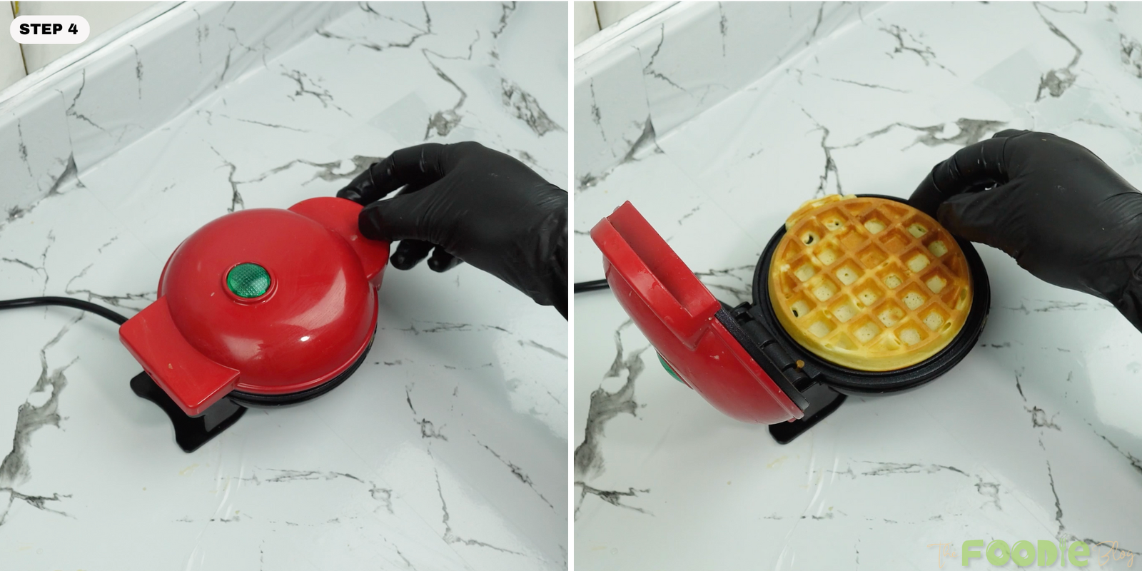 Mini waffle maker opened to show a golden waffle cooking inside