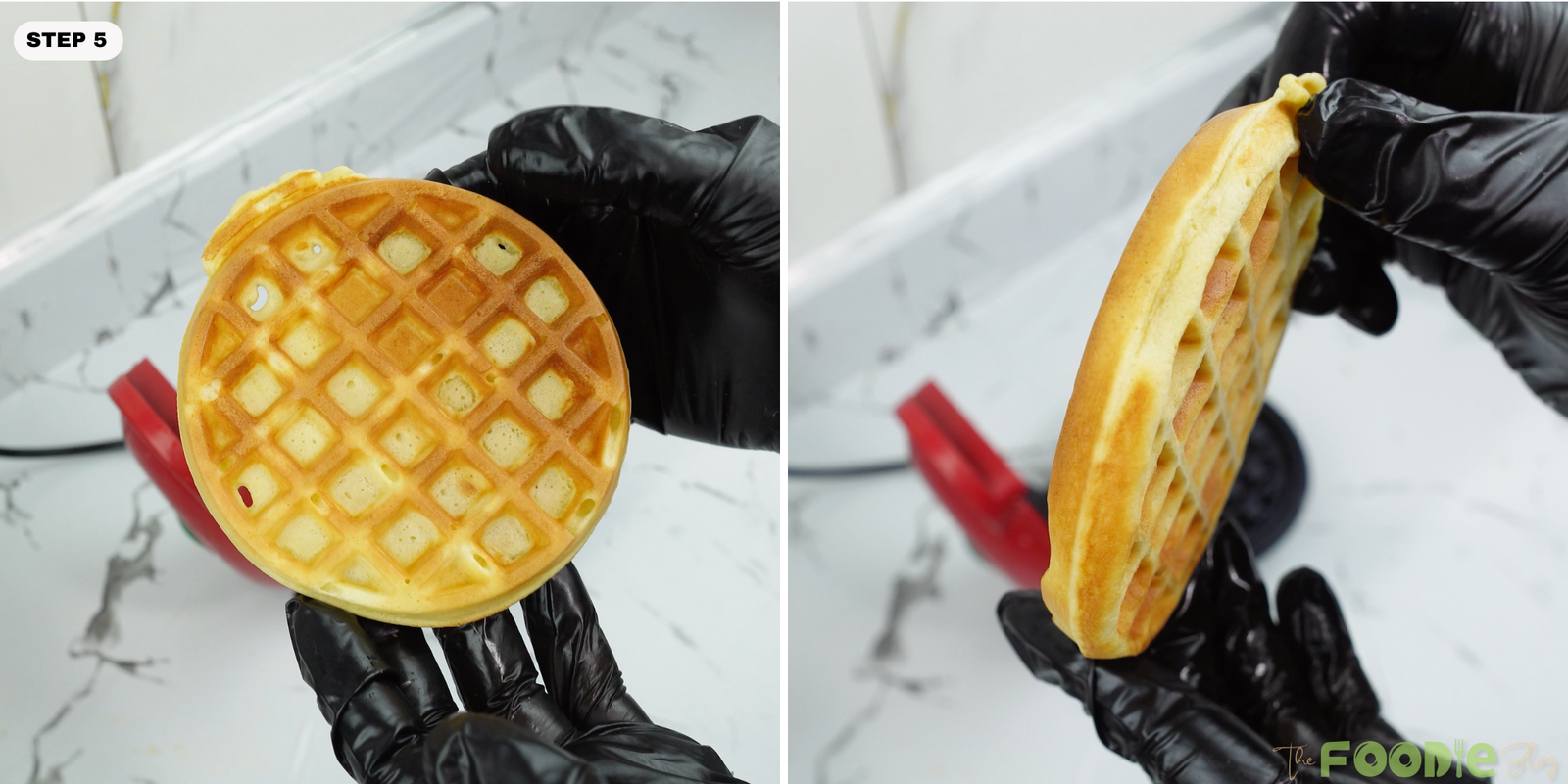 Gloved hands holding a cooked mini waffle showing its thickness and golden edges