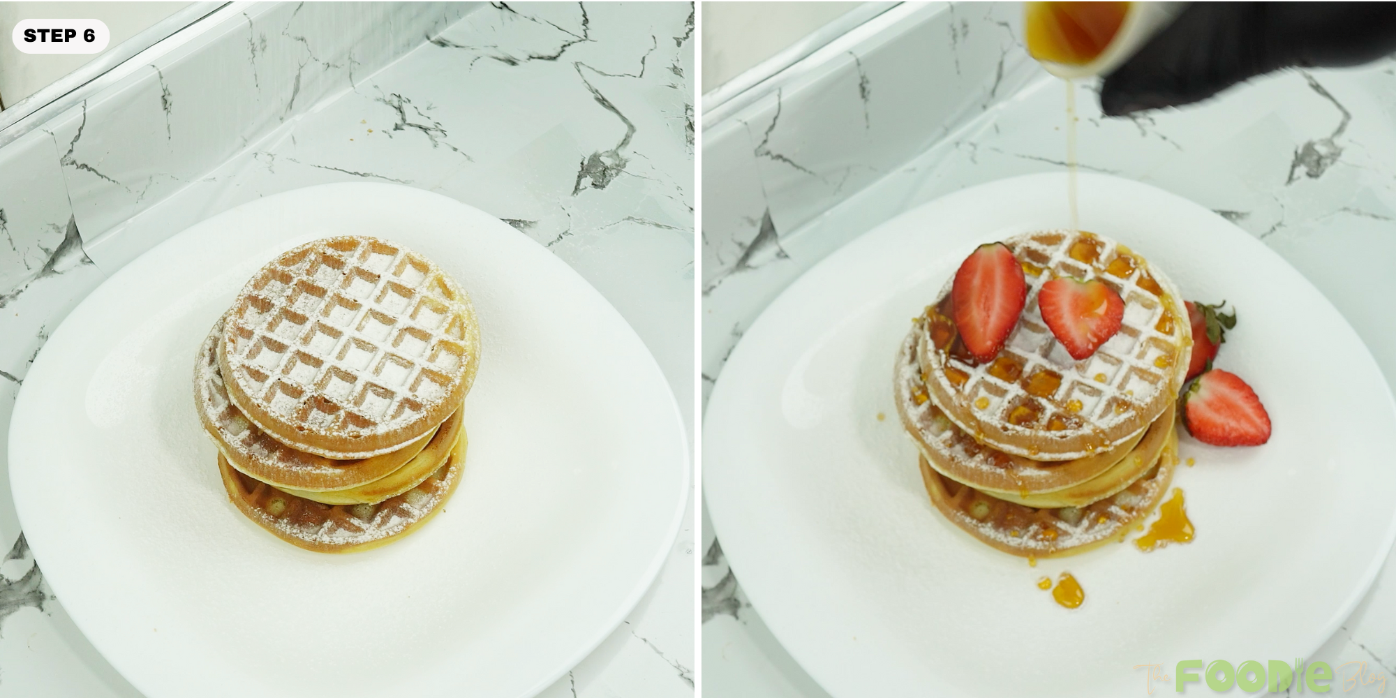 Mini waffles on a plate being topped with strawberries and syrup