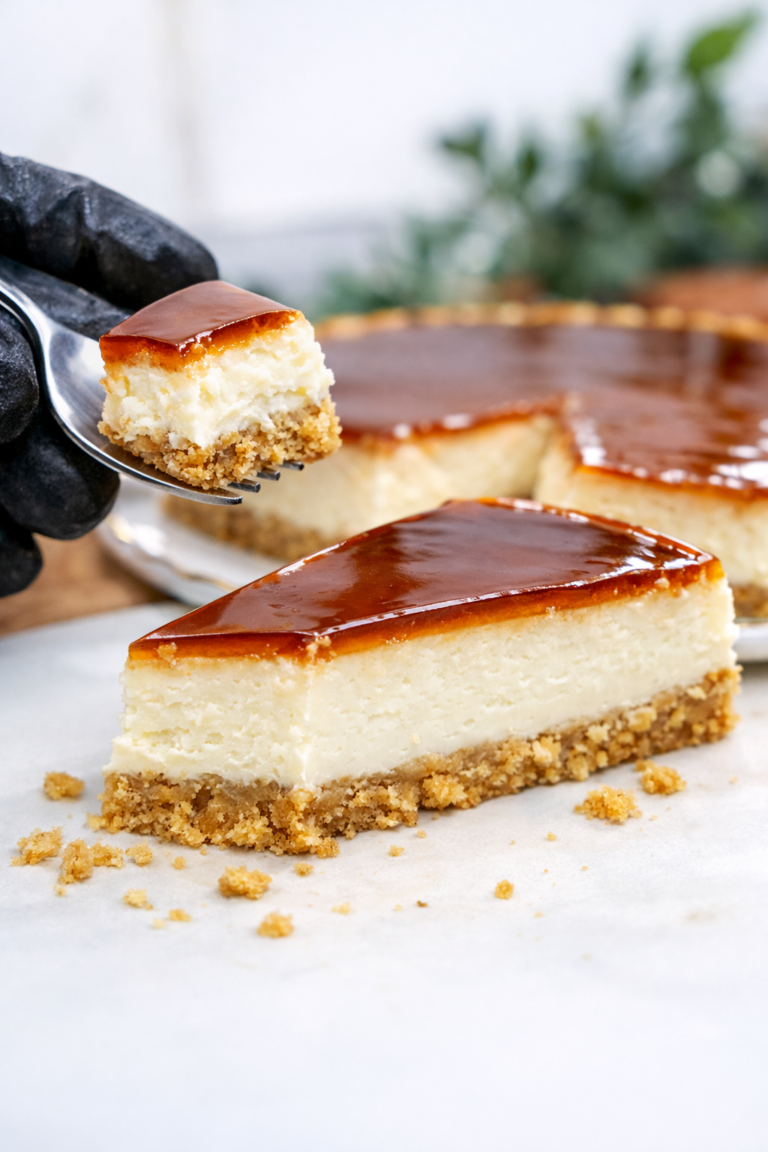 Yogurt cheesecake slice with caramel coffee topping and biscuit crust on a plate