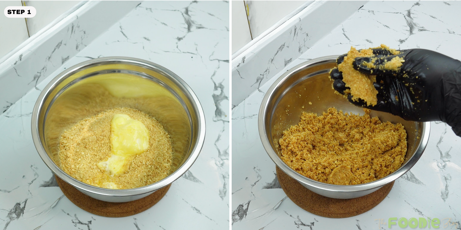 Crushed biscuits mixed with melted butter in a stainless steel bowl