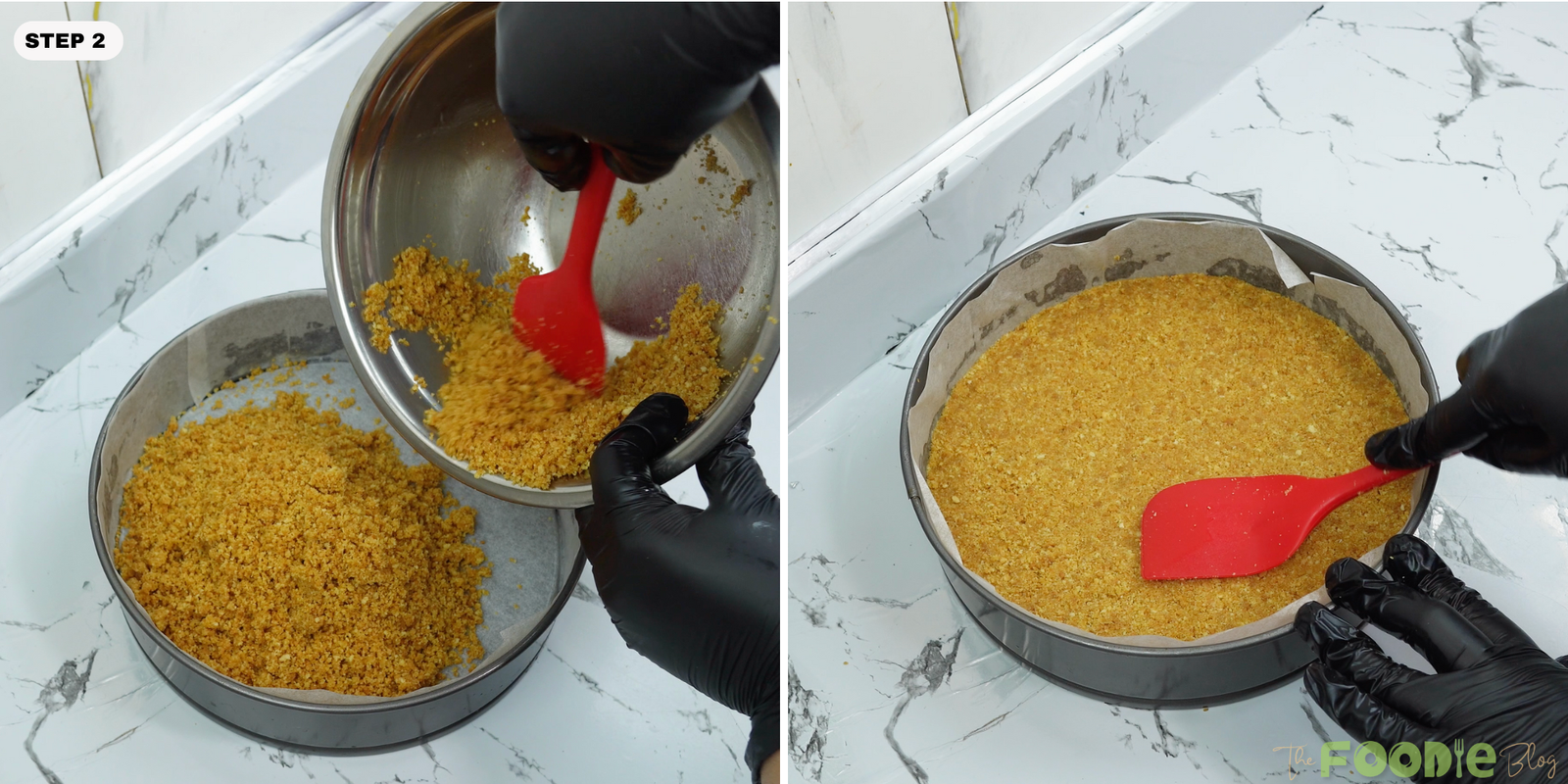 Biscuit crust pressed into a parchment-lined springform pan with a spatula